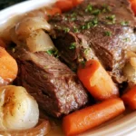 pot roast recipe with tender beef and vegetables on a white platter