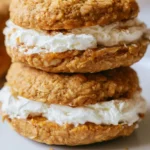 pumpkin oatmeal cream pie sandwich cookies stacked on a white plate with autumn leaves