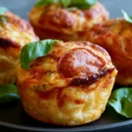 Pizza cupcakes arranged on a white platter showing golden biscuit dough filled with melted cheese and pepperoni
