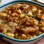 Stanley Tucci potato casserole with golden melted cheese and layers of tender potatoes in tomato sauce
