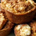 Pumpkin cream cheese muffins with visible cream cheese swirl on white plate
