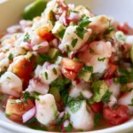 Ceviche recipe served in a white bowl with fresh cilantro, lime wedges, and tortilla chips