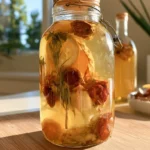 Fire cider recipe in glass bottles with fresh ginger, horseradish, and citrus on wooden table