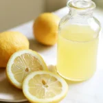 Homemade lemon extract in a clear glass jar with fresh lemon peels and vodka