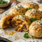 a golden, glistening batch of garlic Parmesan cheeseburger bombs on parchment paper — one bomb dramatically split open to reveal the juicy, cheesy beef filling oozing out, a generous garlic Parmesan butter brush still glistening on the golden surface,