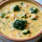 Broccoli cheddar soup in a white bowl with bright green broccoli florets in creamy cheese soup