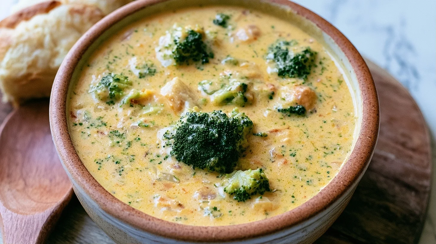 Broccoli cheddar soup in a white bowl with bright green broccoli florets in creamy cheese soup
