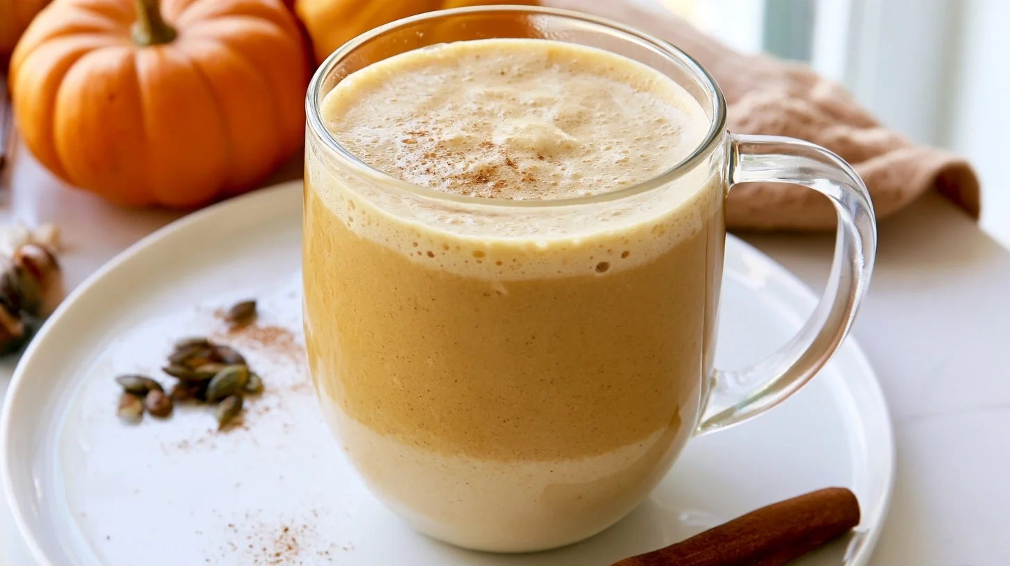 Homemade pumpkin creamer swirled into a white mug of hot coffee on a wooden table with fall spices