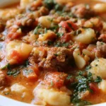 Sausage gnocchi soup served in a white bowl with creamy tomato broth, tender gnocchi, and fresh spinach
