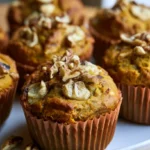Pumpkin banana muffins with golden domed tops arranged on a white plate