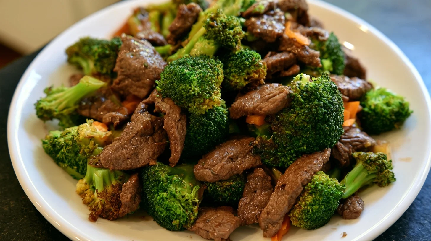Beef and broccoli served over white rice on a white plate with glossy sauce coating the tender beef slices and bright green broccoli florets
