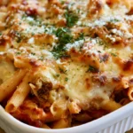 Baked ziti with melted cheese and golden brown top in a white baking dish