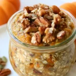 Pumpkin pie overnight oats in a glass jar topped with pecans and coconut flakes on a white table
