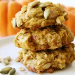 Pumpkin oatmeal cookies arranged on a white plate with fall spices in the background
