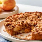Apple crumble recipe with golden buttery topping and tender cinnamon spiced apples in white baking dish