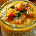 Pumpkin chia pudding served in a clear glass jar topped with pecans and cinnamon