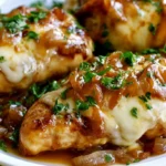 French onion chicken with melted Gruyère cheese and caramelized onions on a white plate