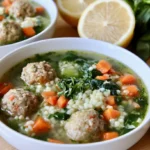 Italian wedding soup in a white bowl with tender meatballs, fresh greens, and small pasta in rich broth