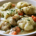 Chicken and dumplings in a white bowl with tender chicken, fluffy dumplings, and vegetables in creamy broth