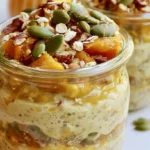 Pumpkin overnight oats in a glass jar topped with pecans and pepitas on a white counter