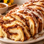 Dollywood cinnamon bread sliced on a wooden board with a crispy cinnamon sugar crust