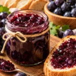 Grape jelly recipe showing clear purple jelly in a glass jar with a spoon
