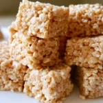Pumpkin Spice Rice Krispie Treats stacked on a white plate with fall leaves in the background