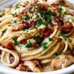 Chicken carbonara with creamy Parmesan sauce, bacon, and fresh parsley served in a white bowl