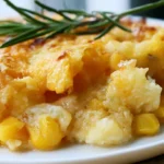 Corn casserole with golden edges and creamy center served in a white dish on a wooden table