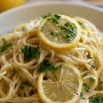 Pasta limone served in a white bowl with fresh lemon zest and basil garnish