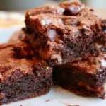 Cosmic brownie recipe with glossy chocolate ganache and rainbow candy chips on a white plate