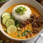 Broth bowl with crispy ground beef, fluffy white rice, and fresh vegetables in savory broth