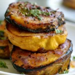 Roasted acorn squash slices arranged on a white plate with golden caramelized edges and fresh thyme garnish