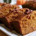 Pumpkin loaf sliced on a wooden board showing moist tender crumb with warm spices