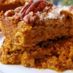 Pumpkin baked oatmeal sliced into squares on a white plate with a drizzle of maple syrup
