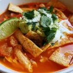 Tortilla soup in a white bowl topped with crispy tortilla strips, avocado, cheese, and cilantro