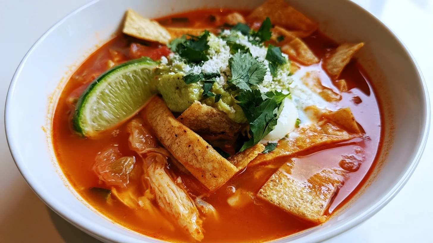 Tortilla soup in a white bowl topped with crispy tortilla strips, avocado, cheese, and cilantro