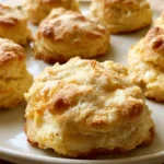 Buttermilk Biscuit Recipe on a white plate with golden brown tops, visible flaky layers, and a pat of melting butter on top