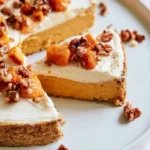 Sweet potato cake with two layers on a white plate, topped with cream cheese frosting and a dusting of cinnamon