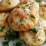 Butter swim biscuits in a square baking pan with golden brown tops and melted butter around the edges