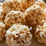 Popcorn balls on a white plate with kernels visible and a glossy coating