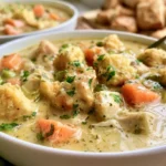 Chicken pot pie soup in a white bowl with tender chicken, carrots, peas, and creamy broth
