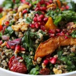 Harvest bowl with roasted sweet potatoes, Brussels sprouts, quinoa, cranberries, and pecans drizzled with maple tahini dressing