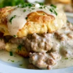 Sausage gravy in a white bowl with visible sausage crumbles and black pepper, served with split biscuits