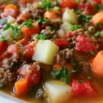 Hamburger soup in a white bowl with visible ground beef, diced potatoes, carrots, and green beans in tomato broth
