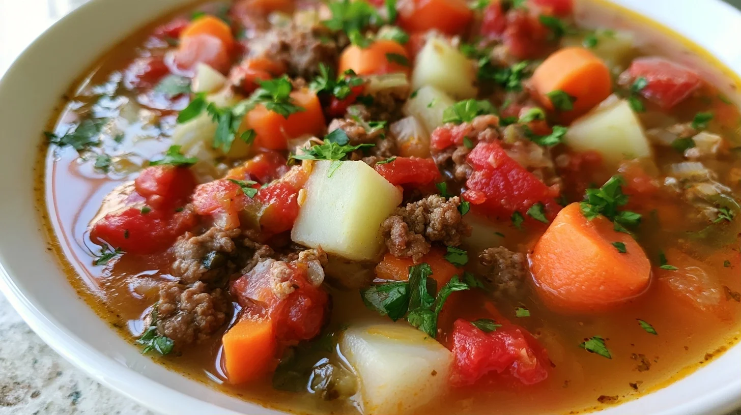 Hamburger soup in a white bowl with visible ground beef, diced potatoes, carrots, and green beans in tomato broth