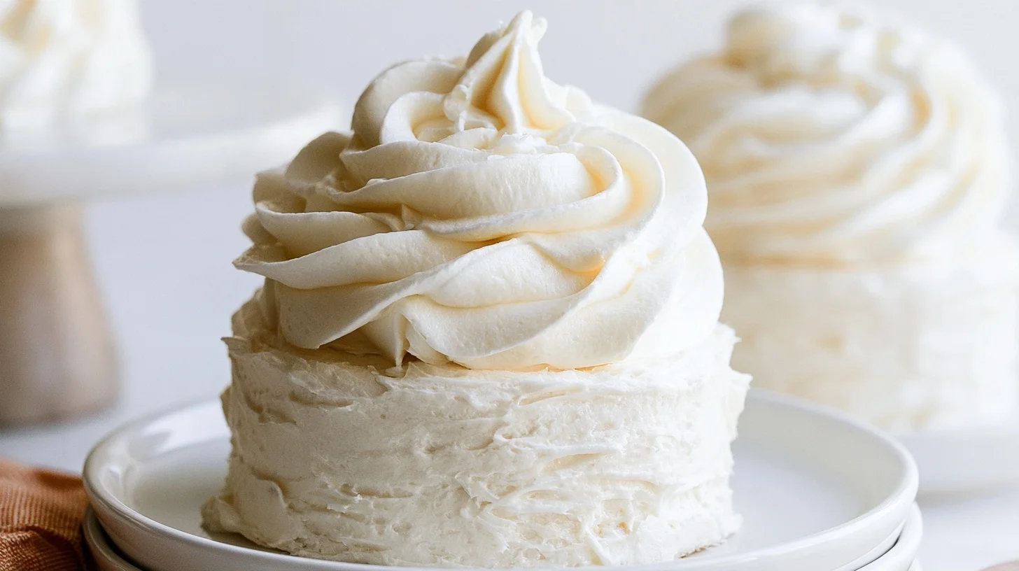 Buttercream frosting recipe swirled on top of a vanilla cupcake with smooth, creamy texture