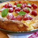German pancake in a cast iron skillet with puffed golden edges and powdered sugar dusted on top