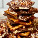 Pretzel bark broken into pieces on parchment paper, topped with crushed candy canes and sea salt