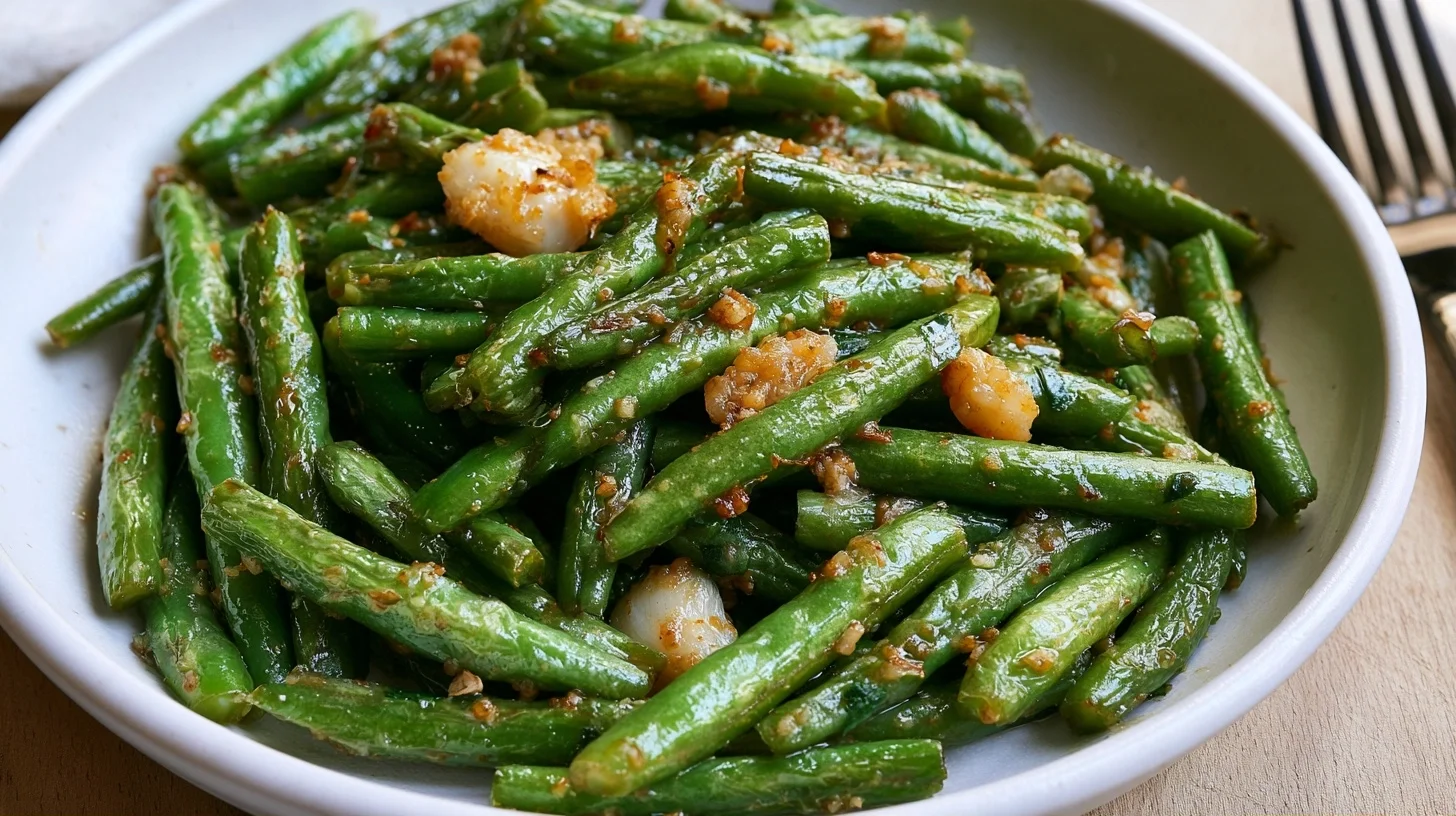 Din Tai Fung green beans on a white plate with chopsticks and minced garlic visible